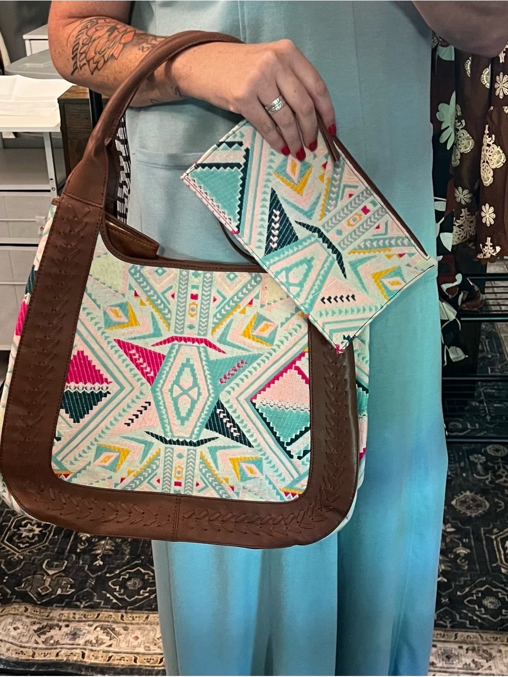 Myra Bag Pink, Teal & Brown Geometric Embroidered Tote - Picture 2 of 3